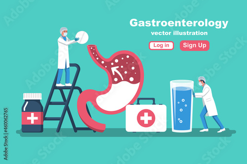 Gastroenterology concept. Landing page, medical clinic template. Diagnostic equipment. Health check. Group of doctors treats the stomach. Vector illustration flat design. Isolated on white background.