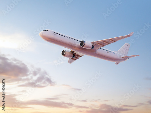 Commercial airplane flying above pink-blue clouds in evening light. 3d render. 