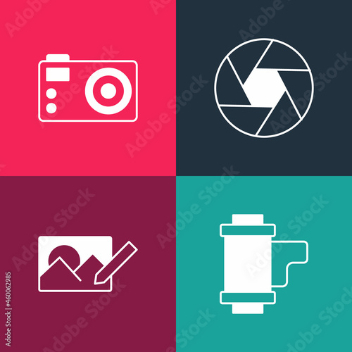 Set pop art Camera roll cartridge, Photo retouching, shutter and camera icon. Vector