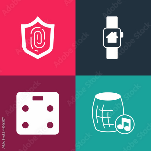 Set pop art Voice assistant, Smart bathroom scales, home with smart watch and Fingerprint icon. Vector