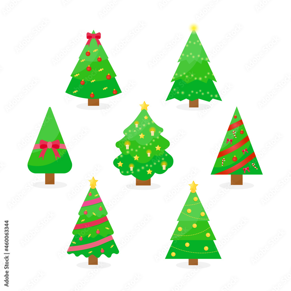 This is a set of Christmas trees with decorations isolated on a white background.