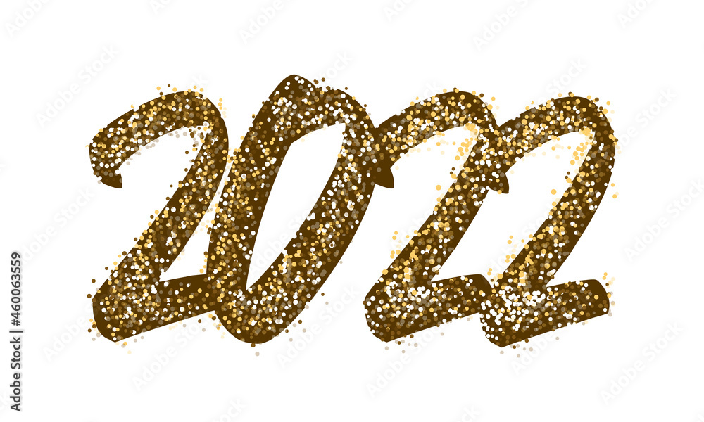 2022 Happy New Year Lettering. Text golden with bright sparkles. Handwritten text lettering in paint and color gold. Festive design template, greeting card, poster, banner. Vector Illustration 2022 Happy New Year Lettering. Text golden with bright sparkles. Handwritten text lettering in paint and color gold. Festive design template, greeting card, poster, banner. Vector Illustration