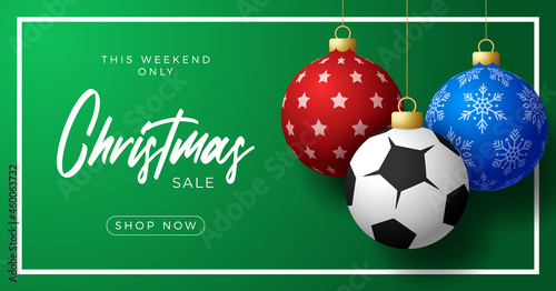 soccer Merry Christmas and Happy New Year luxury Sports greeting card. football ball as a Christmas ball on background. Vector illustration.