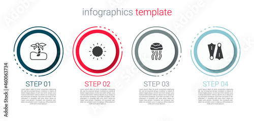 Set Tropical palm tree, Sun, Jellyfish and Rubber flippers for swimming. Business infographic template. Vector