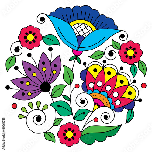 Swedish folk art vector mandala design pattern with flowers, leaves and swirls inspired by the traditional embroidery from Scandinavia 