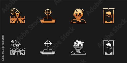 Set Castle, fortress, Tombstone with cross, Zombie mask and Guillotine icon. Vector