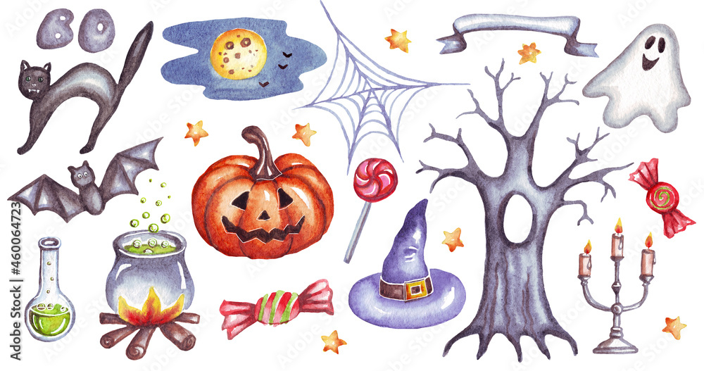 Halloween set. Watercolor illustration. Hand drawn