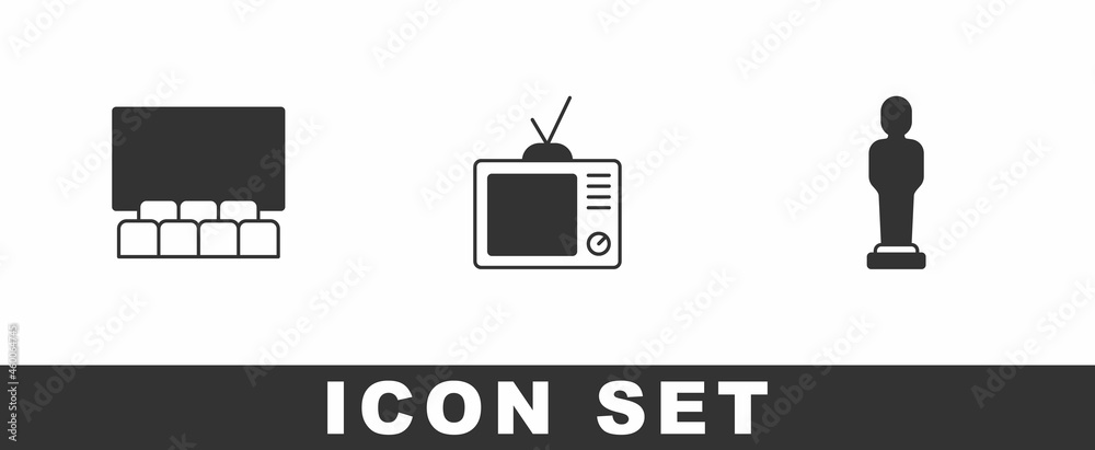 Set Cinema auditorium with screen, Retro tv and Movie trophy icon. Vector Set Cinema auditorium with screen, Retro tv and Movie trophy icon. Vector