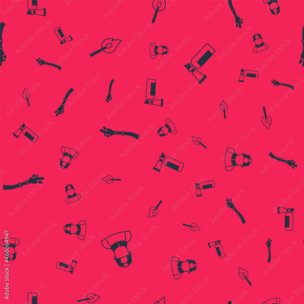 Set Firefighter, Burning match with fire, hose reel and extinguisher on seamless pattern. Vector Set Firefighter, Burning match with fire, hose reel and extinguisher on seamless pattern. Vector