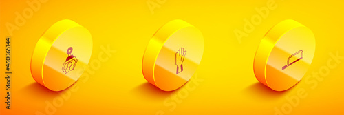 Set Isometric Grapple crane grabbed a log, Protective gloves and Hacksaw icon. Vector