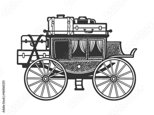 carriage with suitcases sketch engraving vector illustration. T-shirt apparel print design. Scratch board imitation. Black and white hand drawn image.