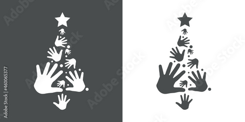 Logotipo árbol de navidad formado por manos, círculos y estrella en fondo gris y fondo blanco