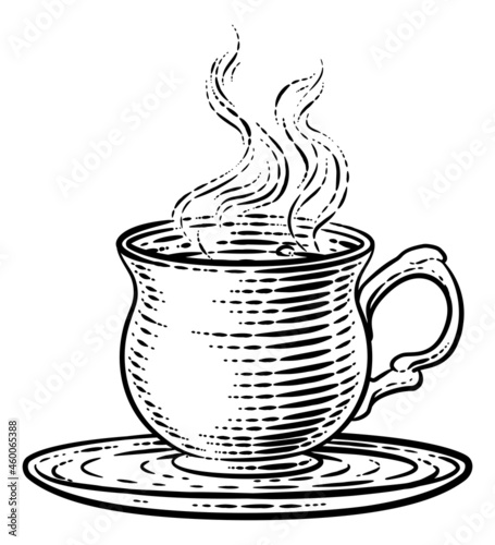 Coffee Tea Cup Hot Drink Mug Retro Woodcut Etching