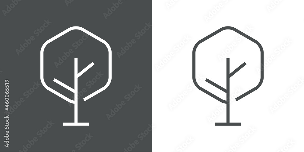 Logotipo lineal árbol abstracto con ramas en forma de hexágono en fondo gris y fondo blanco Logotipo lineal árbol abstracto con ramas en forma de hexágono en fondo gris y fondo blanco