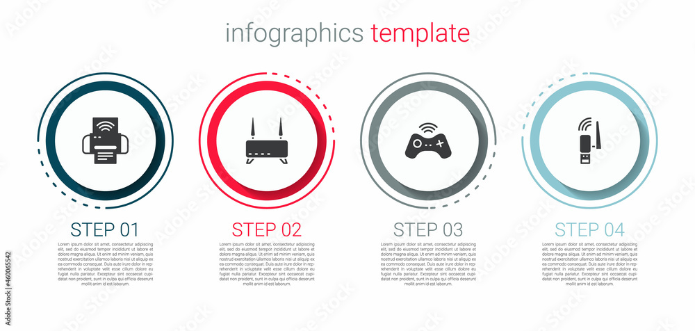 Set Smart printer system, Router and wi-fi signal, Wireless gamepad and Usb wireless adapter. Business infographic template. Vector Set Smart printer system, Router and wi-fi signal, Wireless gamepad and Usb wireless adapter. Business infographic template. Vector