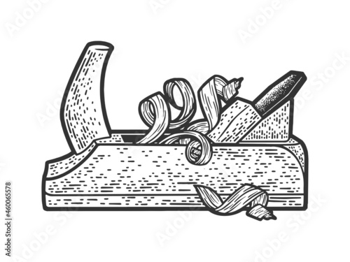 planer and shavings sketch engraving vector illustration. T-shirt apparel print design. Scratch board imitation. Black and white hand drawn image.