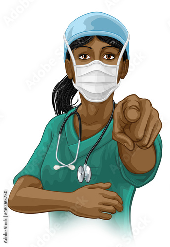 Doctor or Nurse Woman in Scrubs Uniform Pointing