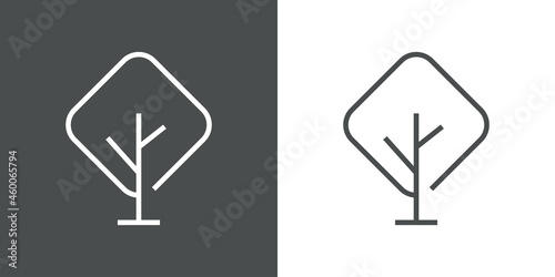 Logotipo lineal árbol abstracto con ramas en forma de rombo en fondo gris y fondo blanco