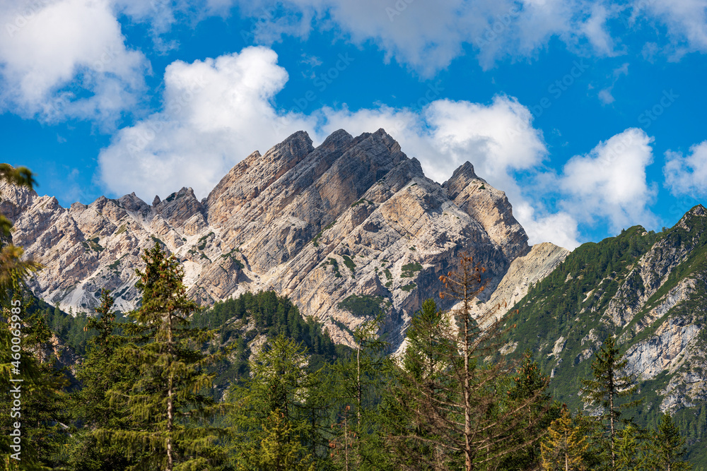 Mountain ridge of Croda del Becco or Seekofel in front of the Pragser Wildsee or Lake Braies, Dolomites, Fanes-Senes-Braies nature park, South Tyrol, Trentino-Alto Adige, Bolzano, Italy, Europe.