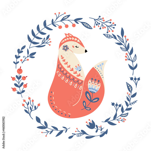 Vector fox in scandinavian style Folk forest animal