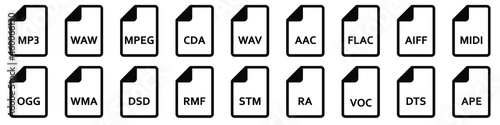 Audio file formats. Set of linear icons of different audio formats. Audio file icons. Vector illustration.