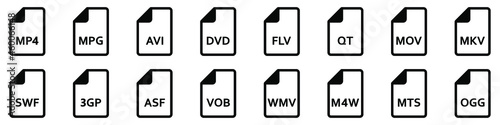 Video file formats. Set of linear icons of different video formats. Video file icons. Vector illustration.