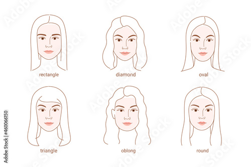 6 basic face shapes are oval, round, diamond, oblond, triagle, rectangle. Cute illustration of woman face. Contour line illustration for beauty salons, cosmetics. 