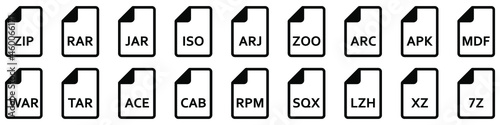 Archive file icon. Different formats of archive files. Set of linear icons. Vector illustration.