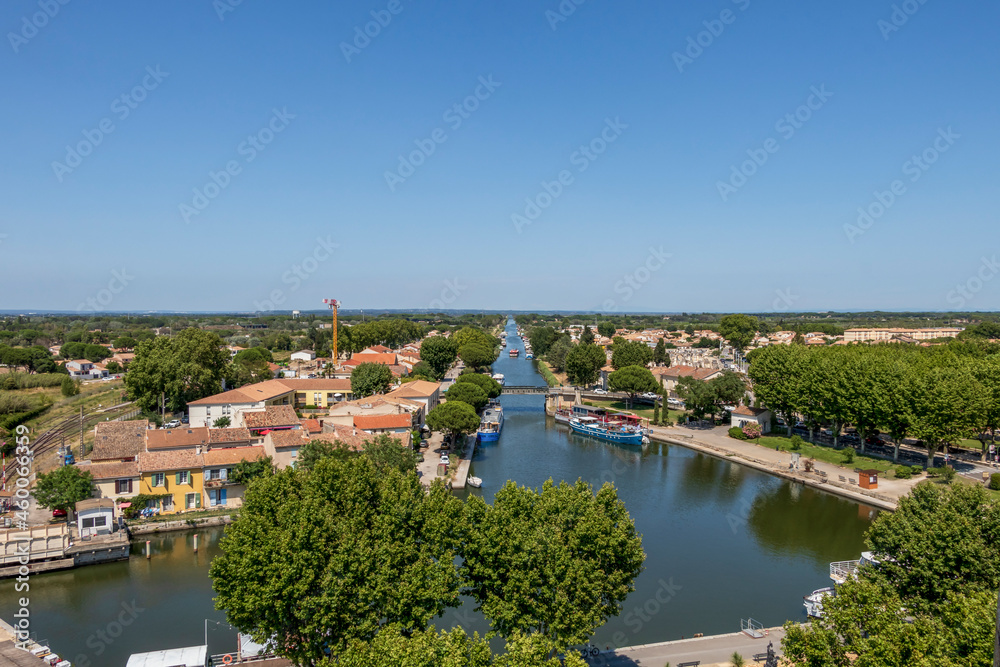 Canal du Rhône à Sète, chanel traversing Aigues-Mortes, Occitanie region of southern France, Europe