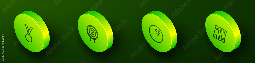 Set Isometric line Medal, Target sport, Bowling ball and Rubber flippers for swimming icon. Vector Set Isometric line Medal, Target sport, Bowling ball and Rubber flippers for swimming icon. Vector