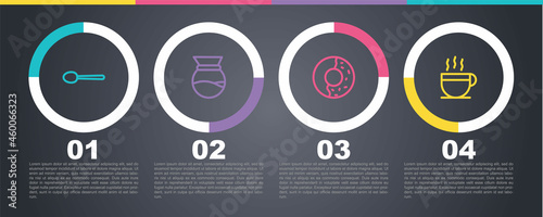 Set line Spoon, Pour over coffee maker, Donut with sweet glaze and Coffee cup. Business infographic template. Vector