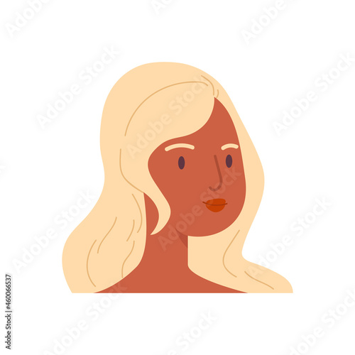 Cartoon face of an adult tanned girl. The head of a swarthy blonde with red lipstick. Female avatar illustration vector isolated on white background.