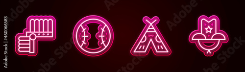 Set line Indian headdress with feathers, Baseball ball, teepee or wigwam and Western cowboy hat. Glowing neon icon. Vector