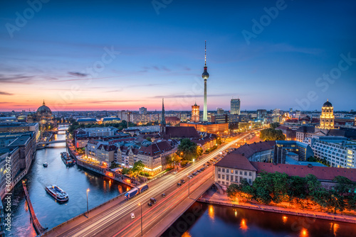 Aerial view of the Berlin skyline at night with Fernsehturm Berlin and Spree River	