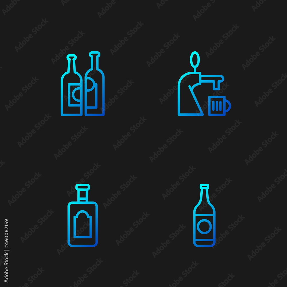 Set line Beer bottle, Whiskey, Bottles of wine and tap with glass. Gradient color icons. Vector Set line Beer bottle, Whiskey, Bottles of wine and tap with glass. Gradient color icons. Vector