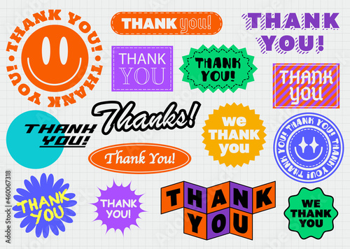 Thank you, Abstract stickers in Acid Graphic style. Thanks for the buyer. Isolated on a cellular background