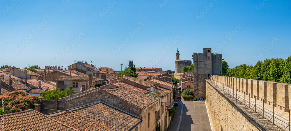 Ramparts of Aigues-Mortes, medieval city walls surrounding the city in the Occitanie, southern France