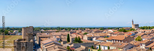 Aigues-Mortes medieval town red tailed rooftops, in the Gard department in the Occitanie region of southern France