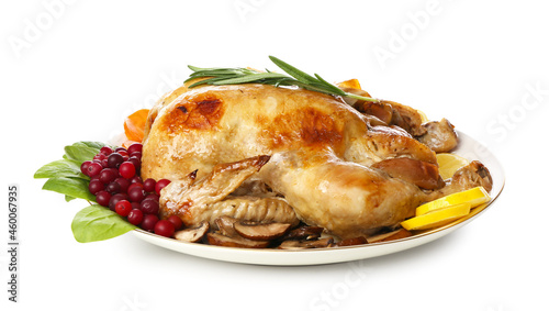 Tasty baked turkey with fruits for Thanksgiving Day on white background