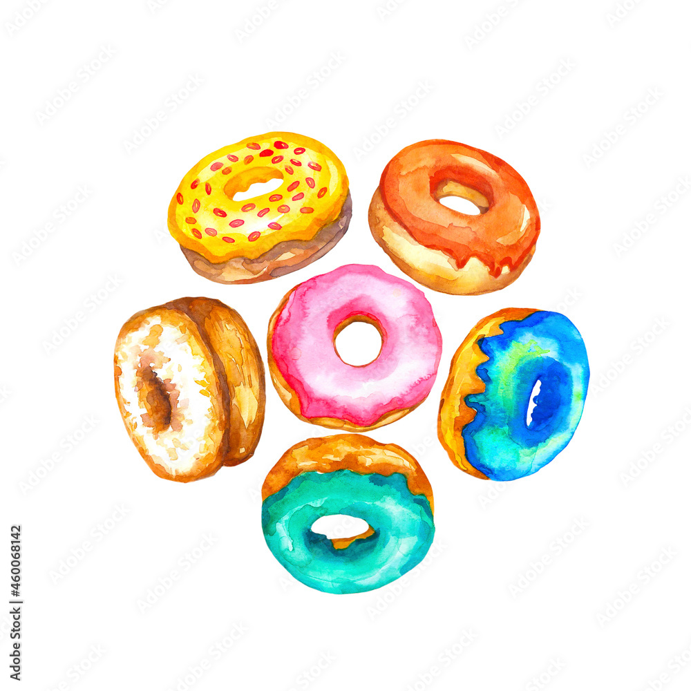 Set of 6 multi-colored donuts in a circle. Donuts with glaze hand drawn in watercolor. Image of sweets. Donuts with yellow, pink, blue, green and orange glaze. Set of 6 multi-colored donuts in a circle. Donuts with glaze hand drawn in watercolor. Image of sweets. Donuts with yellow, pink, blue, green and orange glaze.
