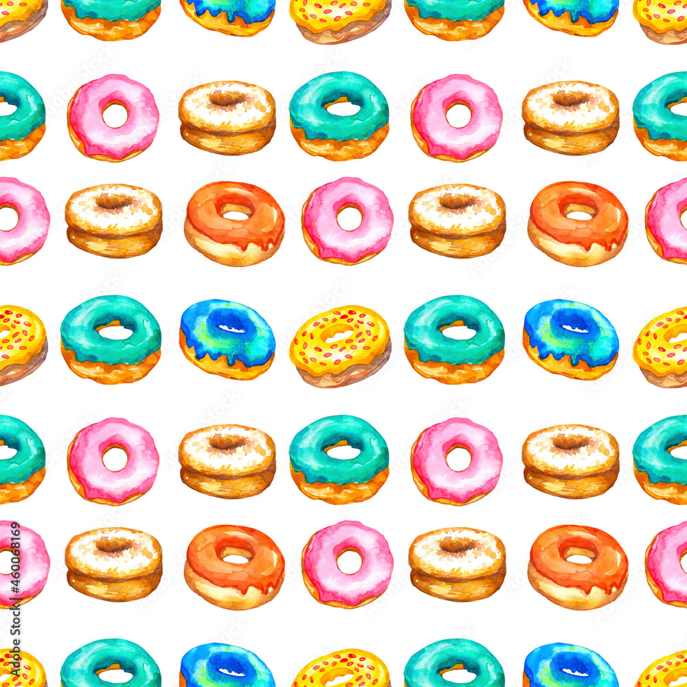 Multicolored donuts seamless pattern. Pattern donuts with glaze drawn by hand in watercolor. Image of sweets. Donuts with yellow, pink, blue and orange glaze. Donuts pattern on a white background.