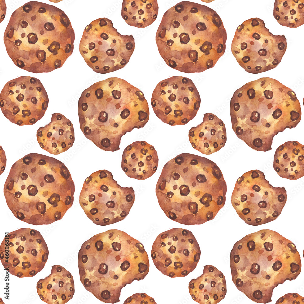 Seamless pattern oatmeal cookies with pieces of chocolate watercolor. An image of a cookie. Homemade baking. Illustration for confectioners.