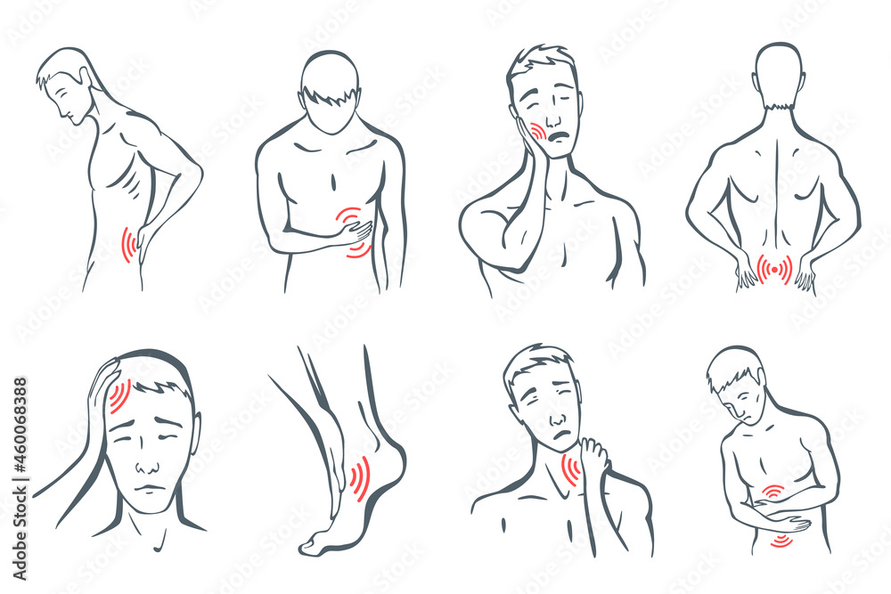 Body parts pain set. Man feels pain location in different part of body with  red line