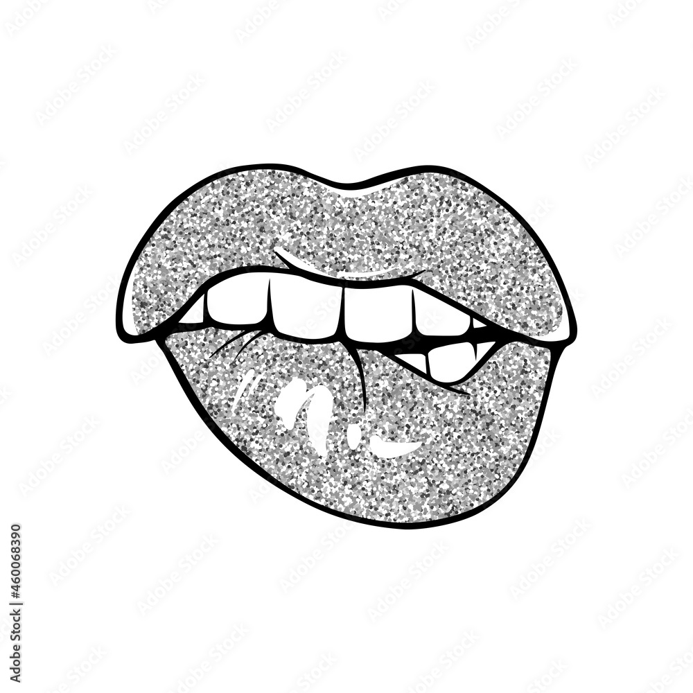 Sexy lips, bite one's lip. Lips Biting. Female lips with silver glitter lipstick.