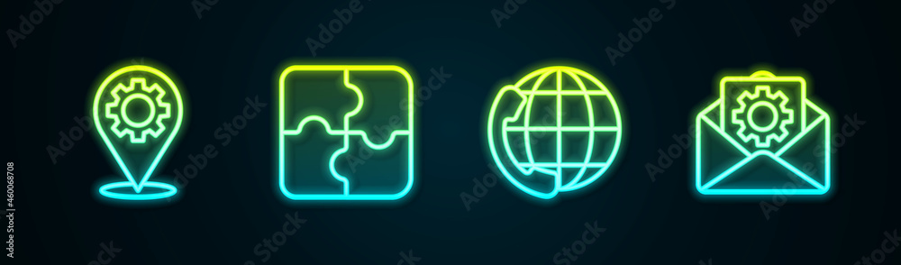 Set line Location with gear, Piece of puzzle, Telephone 24 hours support and Envelope setting. Glowing neon icon. Vector