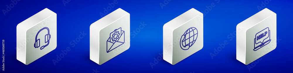 Set Isometric line Headphones, Envelope setting, Telephone 24 hours support and Laptop and help icon. Vector Set Isometric line Headphones, Envelope setting, Telephone 24 hours support and Laptop and help icon. Vector