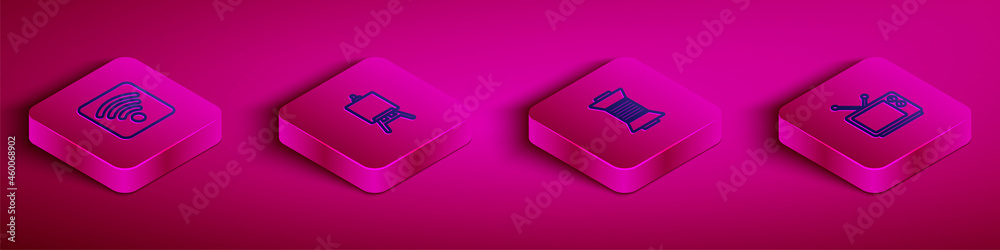Set Isometric line Wi-Fi wireless internet network, Easel painting art boards, Sewing thread on spool and Retro tv icon. Vector Set Isometric line Wi-Fi wireless internet network, Easel painting art boards, Sewing thread on spool and Retro tv icon. Vector