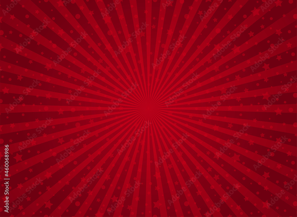 Sunlight rays background. Red color burst background with shining stars. Vector Christmas illustration.