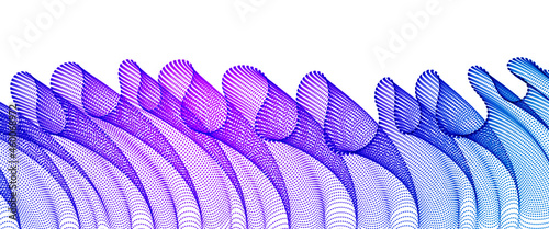 Vector abstract background with wave of flowing particles, smooth curve shape lines, transparent tulle textile on wind. 3d shape dots magic blended mesh.