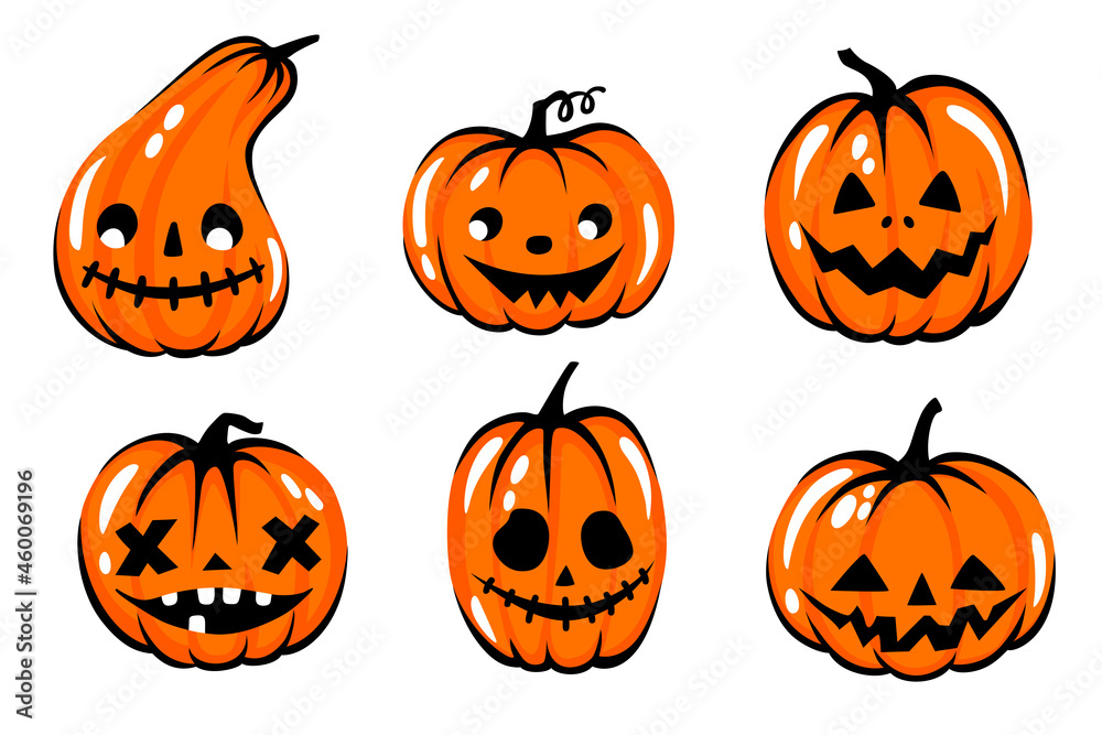 Halloween pumpkin face illustration. Cartoon vector character. Cute Orange carving pumpkin collection. Halloween pumpkin face illustration. Cartoon vector character. Cute Orange carving pumpkin collection.